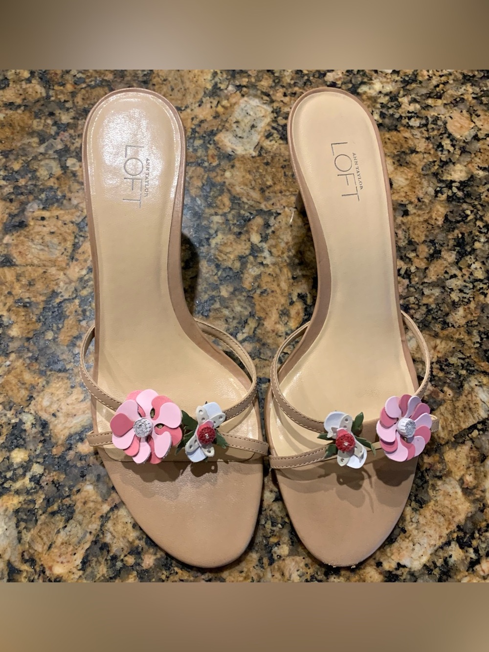 LOFT Beige Floral Slide Mules with Pink & White Floral Accents